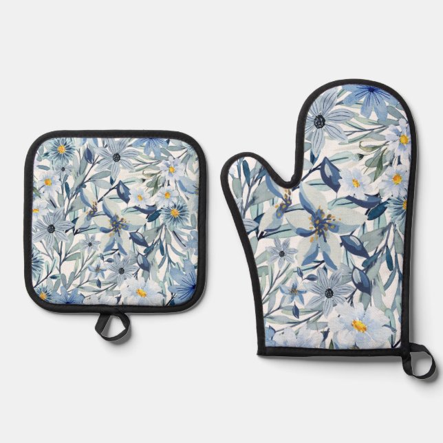 Set De Manoplas Arte floral acuarela de flores azules (Anverso)