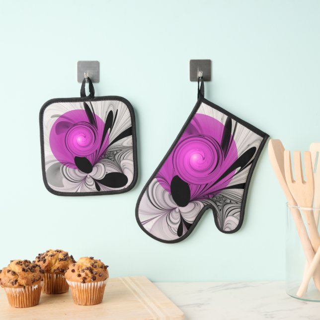Set De Manoplas Arte fractal abstracto gris con magenta (Insitu (colgante))