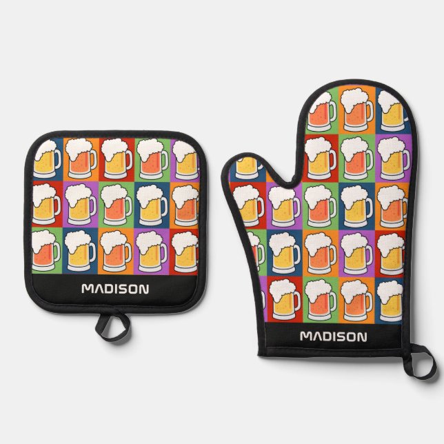 Set De Manoplas Arte pop de cerveza de nombre personalizado (Anverso)