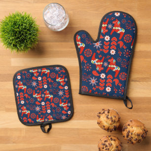 Set De Manoplas Arte Popular Patrón de Caballo Dala Sueco Rojo