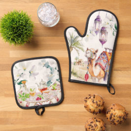 Set De Manoplas Artesanía de cocina marroquí en acuarela