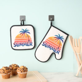 Set De Manoplas Atardecer retro de verano con palmera