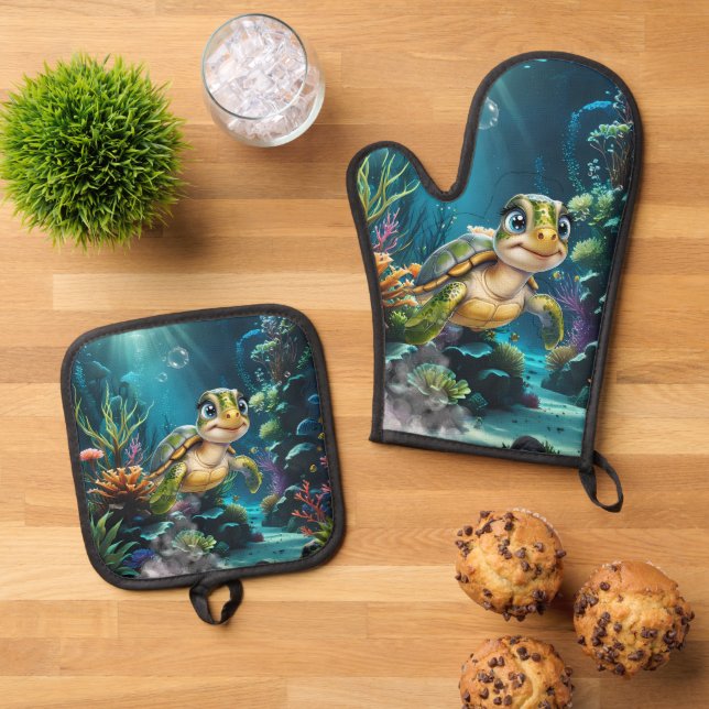 Set De Manoplas Aventuras submarinas con la alegre tortuga. (De arriba hacia abajo)