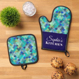 Set De Manoplas Azul Geométrico Personalizado Moderno
