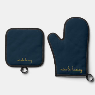 Set De Manoplas Azul Marino Dorado Script Monograma Moderno Ele