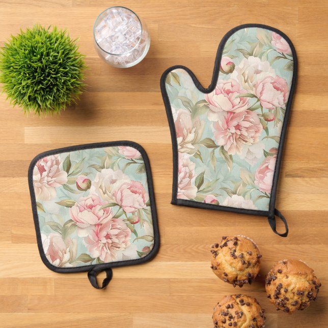 Set De Manoplas Azul y rosa floral shabby chic (De arriba hacia abajo)