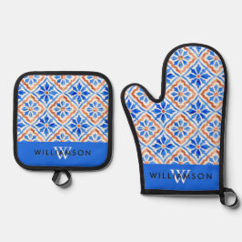 Set De Manoplas Azulejo Mediterráneo Patrón Costero Monogramado