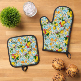 Set De Manoplas Azulejos azules Floral Mediterráneo