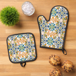 Set De Manoplas Azulejos azules Floral Mediterráneo