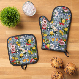 Set De Manoplas Azulejos azules Floral Mediterráneo