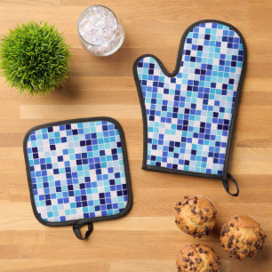 Set De Manoplas Azulejos de Piscina, Baldosas Azules Mosaico, Patr