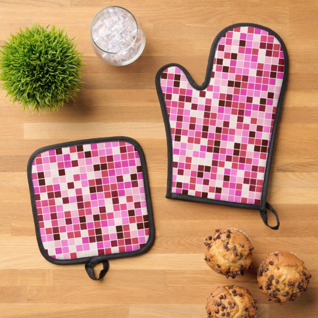 Set De Manoplas Baldosas de piscina, mosaicos rosados, patrón geom (De arriba hacia abajo)