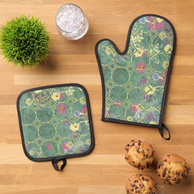 Set De Manoplas Baldosas Monograma Flores Silvestres (De arriba hacia abajo)