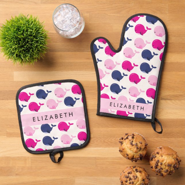 Set De Manoplas Ballenas, Patrón De Ballenas, Tu Nombre (De arriba hacia abajo)