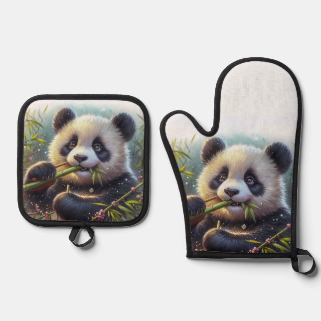 Set De Manoplas Bambú de oso panda adorable (Anverso)