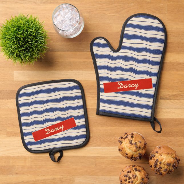Set De Manoplas Bandas azul y blanco onduladas (De arriba hacia abajo)
