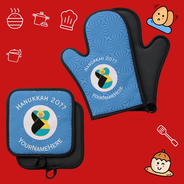 Set De Manoplas Bandera bahameña Angel Hanukkah Blonde (Hanukkah oven mitts have blue background angel wears Bahamas flag. White text for name, year,holiday)