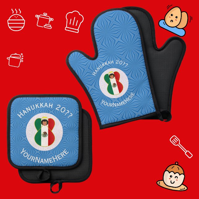 Set De Manoplas Bandera de Angel Hanukkah mexicano personalizada (Oven mitts for Hanukkah with an angel dressed in Mexican flag. White text for name, year, holiday.)