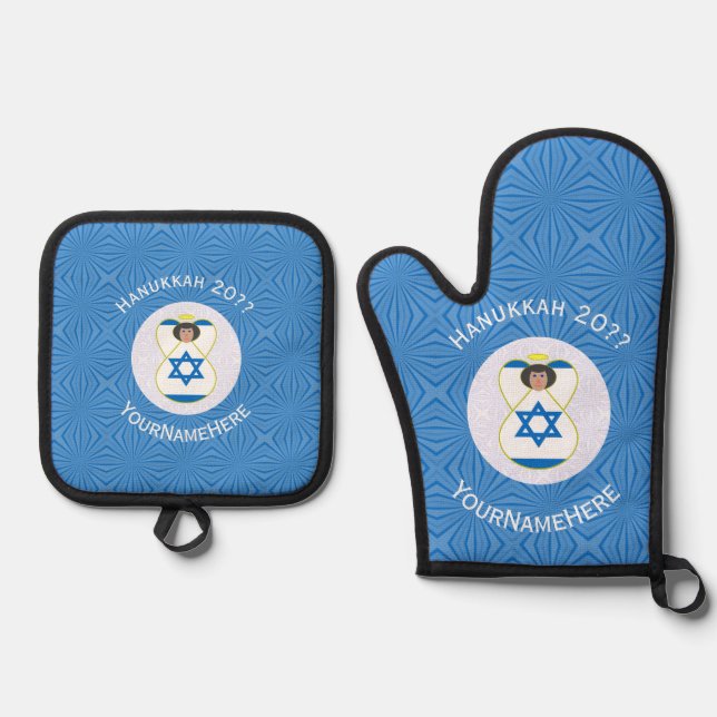 Set De Manoplas Bandera de Israel Angel Hanukkah personalizada (Anverso)