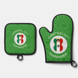 Set De Manoplas Bandera de Navidad del Ángel Mexicano Personalizad