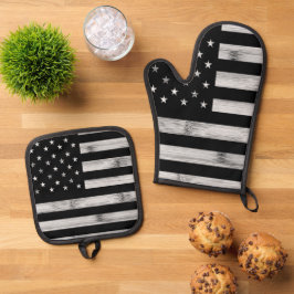 Set De Manoplas Bandera estadounidense Rustic Wood Black White Pat