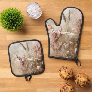 Set De Manoplas Bastante Chic Beige Rubor Boho Floral