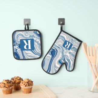 Set De Manoplas Beach Watercolor Blue Swirls Monograma Inicial