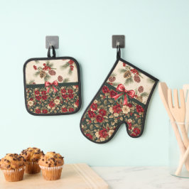 Set De Manoplas Beautiful Christmas Floral and Pine Cones