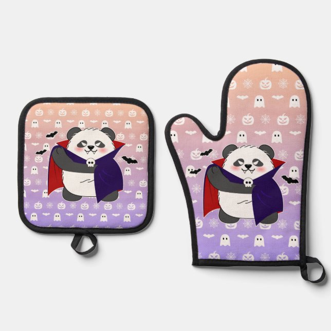 Set De Manoplas Bebé lindo de Halloween Vampiro Panda Dracula (Anverso)