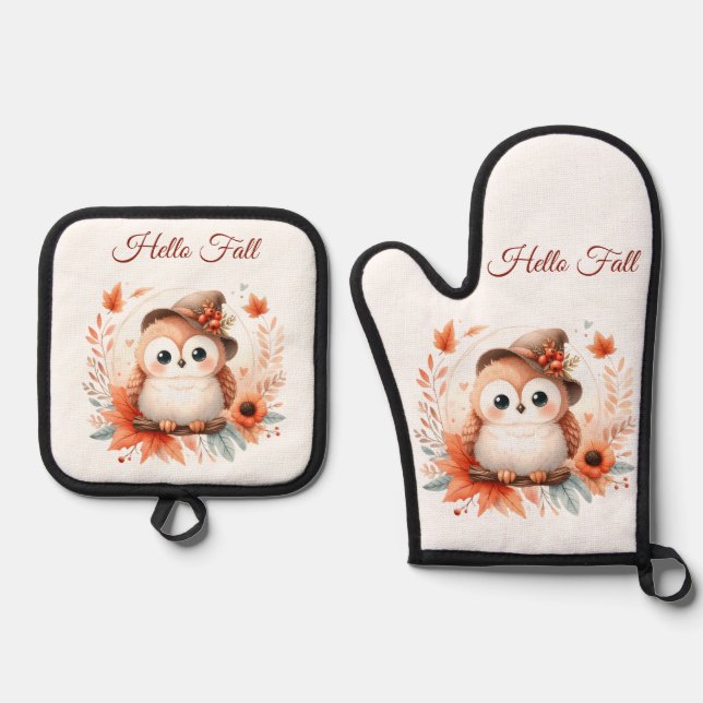 Set De Manoplas Bechuza de otoño sentada en una rama (Anverso)