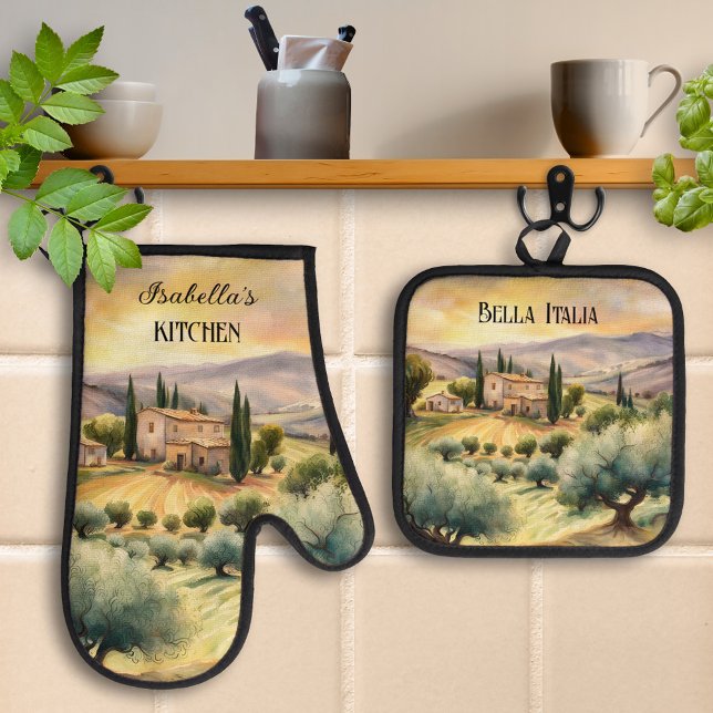 Set De Manoplas Bella Italia Paisaje Toscano Italiano (Italian kitchen oven mitt and pot holder set featuring a watercolor painting of a Tuscan landscape)