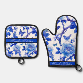 Set De Manoplas Belleza floral azul y blanca