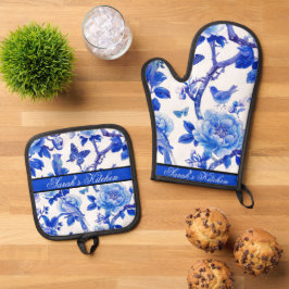 Set De Manoplas Belleza floral azul y blanca