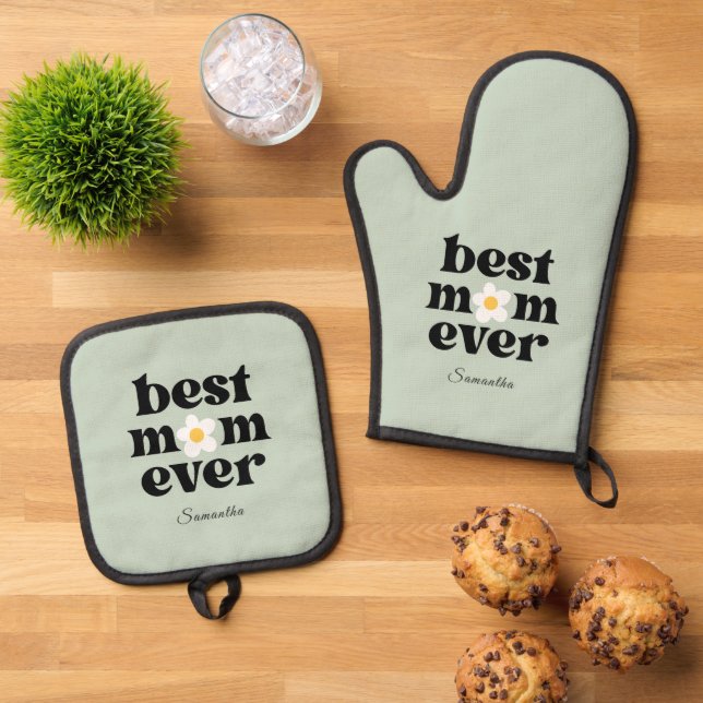 Set De Manoplas Best Mom Ever Personalized Sage Green (De arriba hacia abajo)