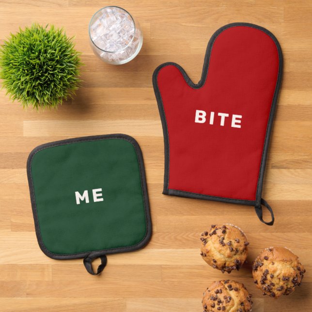 Set De Manoplas Bite Me Funny Navidades Regalo Red Green White Cut (De arriba hacia abajo)