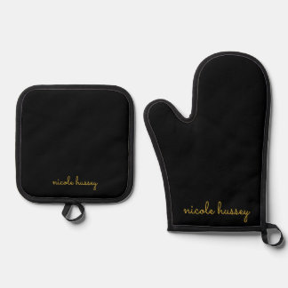 Set De Manoplas Black and Gold Script | Stylish Monogram Modern