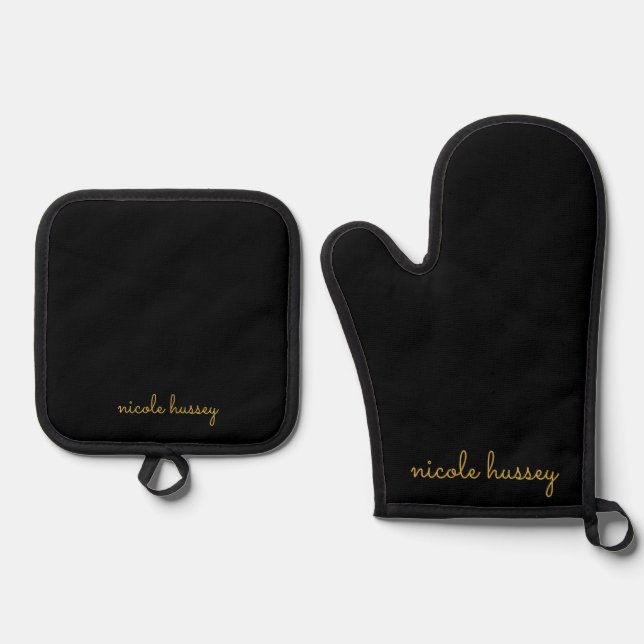 Set De Manoplas Black and Gold Script  | Stylish Monogram Modern (Anverso)
