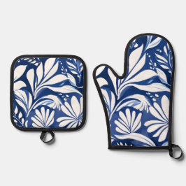 Set De Manoplas Blue Botanical Watercolor Floral Pattern