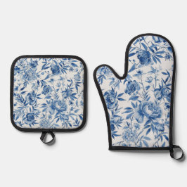 Set De Manoplas Blue Chinoiserie Watercolor Floral Botanical