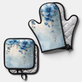 Set De Manoplas Blue Flowers and Pearls