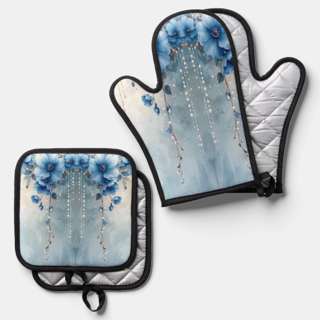 Set De Manoplas Blue Flowers and Pearls (Anverso/Reverso)