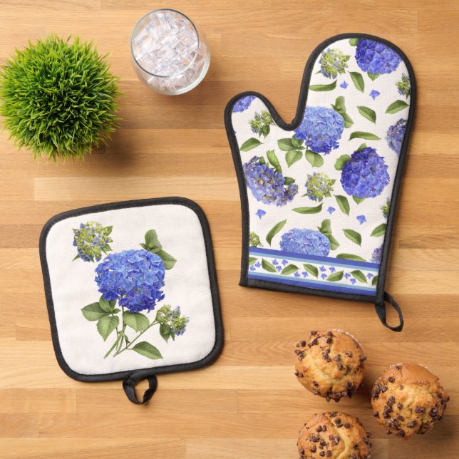 Set De Manoplas Blue Hydrangea Flor Arte Botánico (De arriba hacia abajo)