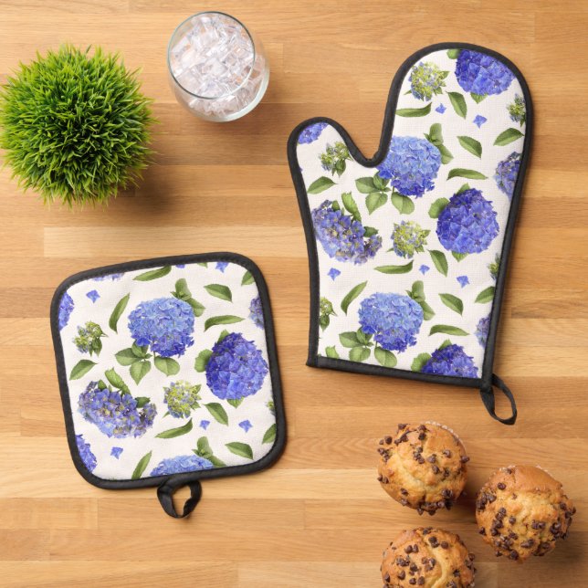 Set De Manoplas Blue Hydrangeas Arte Botánico Floral (De arriba hacia abajo)