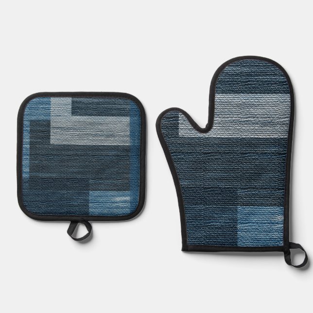 Set De Manoplas Blue Jean parche Work Faux Burlap diseño (Anverso)