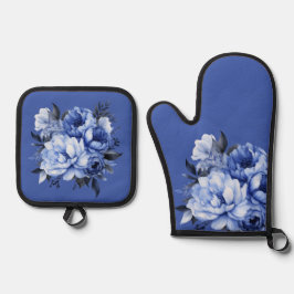 Set De Manoplas Blue Peonies Floral Elegent