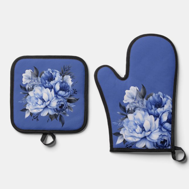 Set De Manoplas Blue Peonies Floral Elegent (Anverso)