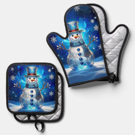Set De Manoplas Blue Snowman Snowflakes