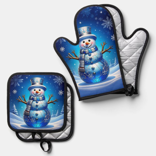 Set De Manoplas Blue Snowman Snowflakes (Anverso/Reverso)