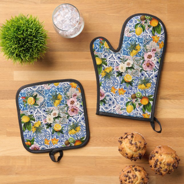 Set De Manoplas Blue tiles Mediterranean Floral  (De arriba hacia abajo)