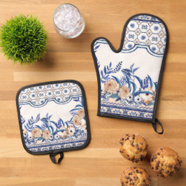 Set De Manoplas Blue tiles Mediterranean Floral 